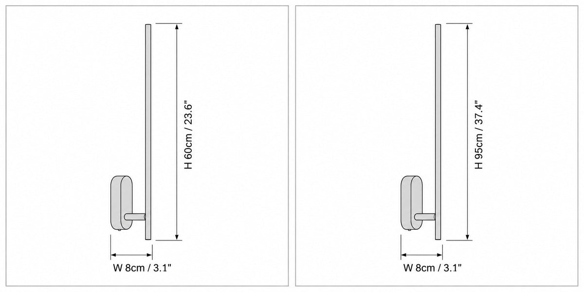 Dimension drawing of the Stick-Shaped Metal Wall Sconce with published measurements labelled.