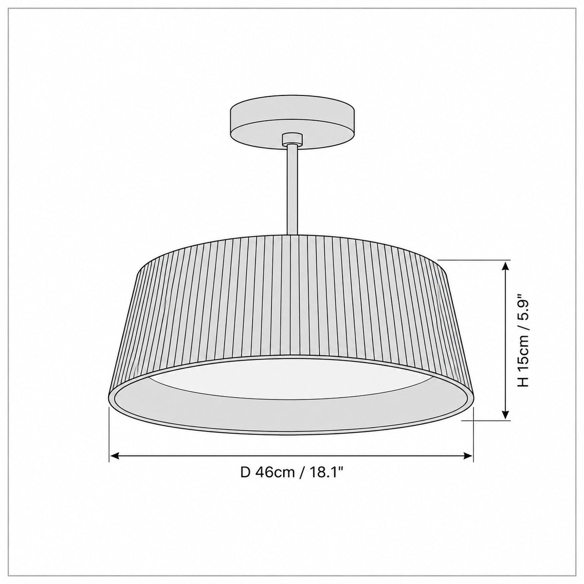 Dimension drawing of the Modern Ribbed Ceiling Light with published measurements labelled.