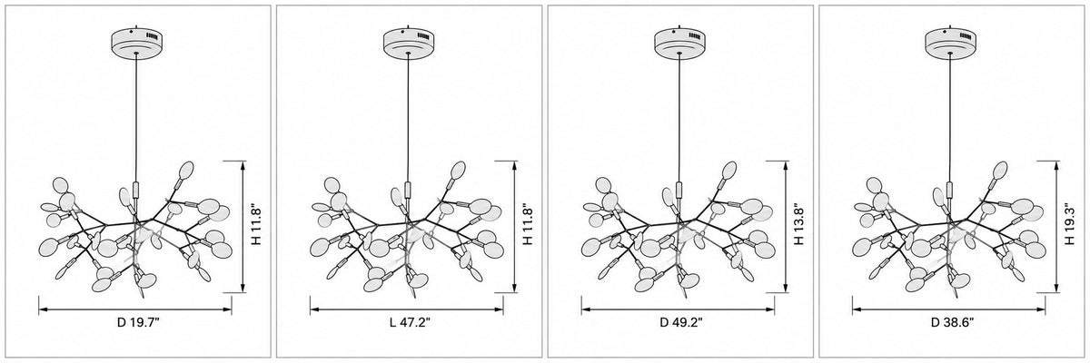 Dimension drawing of the Noctis Firefly LED Chandelier with published measurements labelled.