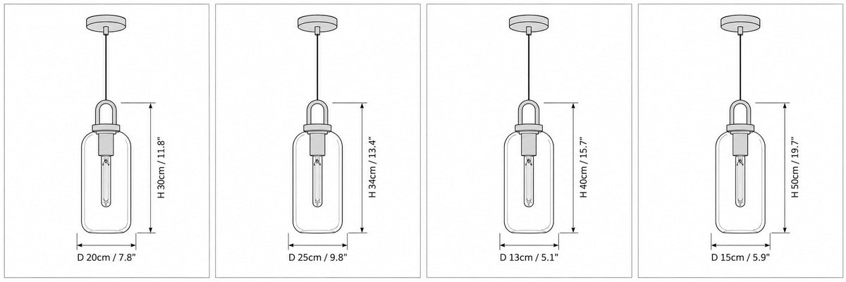 Dimension drawing of the Pendulum Glass Pendant Lamp with published measurements labelled.