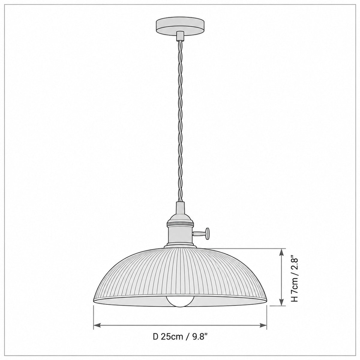 Dimension drawing of the Ribbed Spiral Pendant Light with published measurements labelled.
