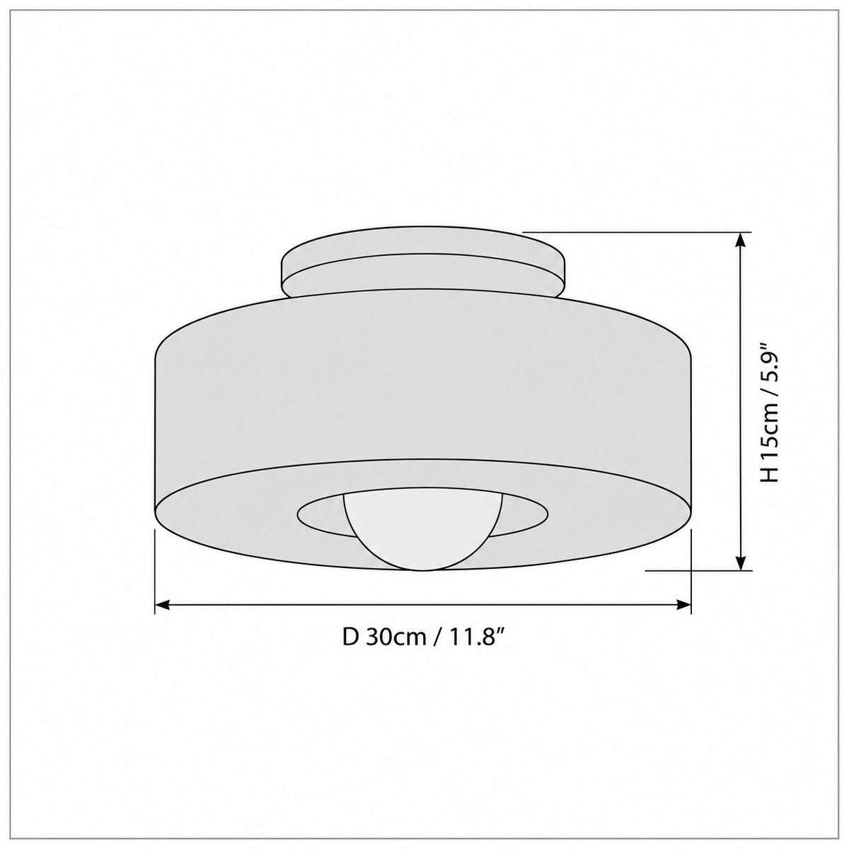 Dimension drawing of the Simon Ceiling Lamp with published measurements labelled.