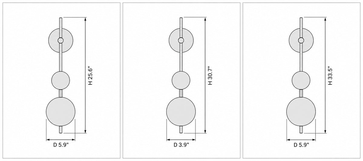 Dimension drawing of the Solenne Vertical Globe Wall Light with published measurements labelled.