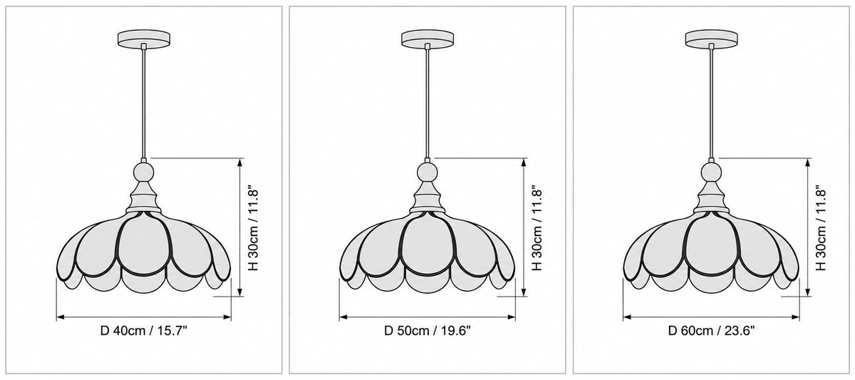 Dimension drawing of the Sorelle Pendant Light with published measurements labelled.
