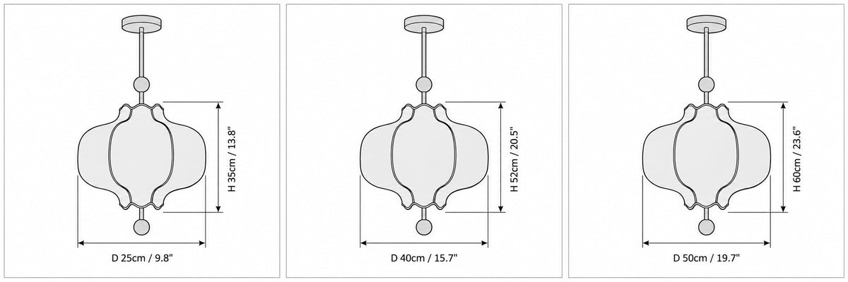 Dimension drawing of the Velmora White Fabric Pendant Light with published measurements labelled.