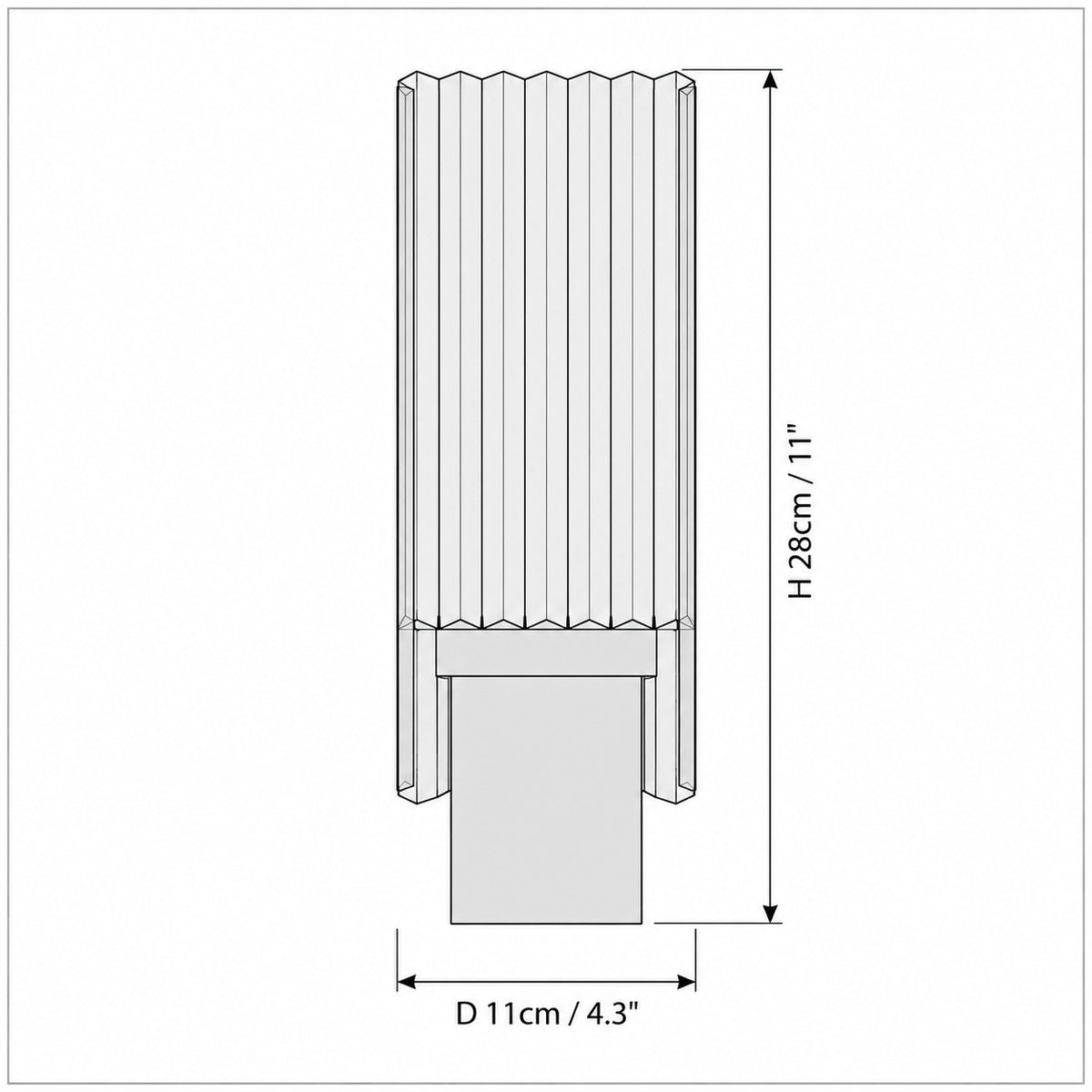 Dimension drawing of the Virelia Pleated Wall Light with published measurements labelled.