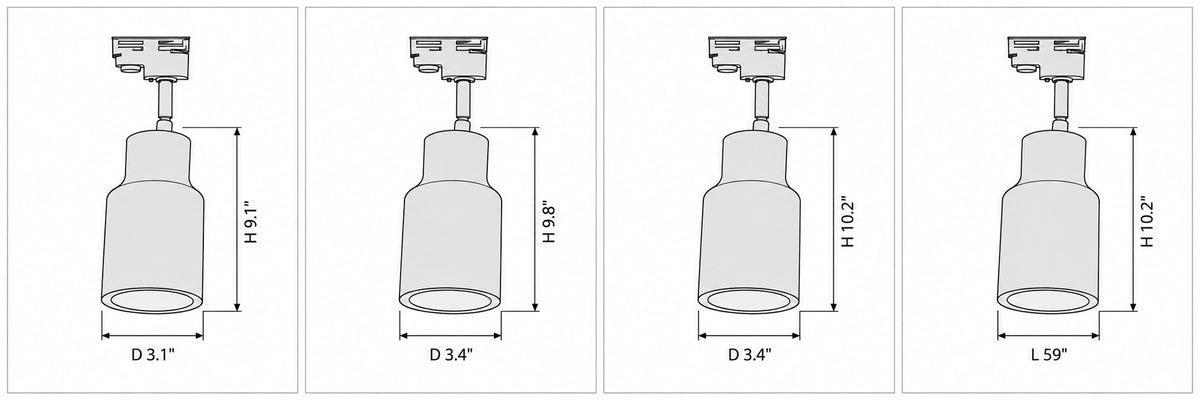 Dimension drawing of the Wood Track Ceiling Lamp with published measurements labelled.