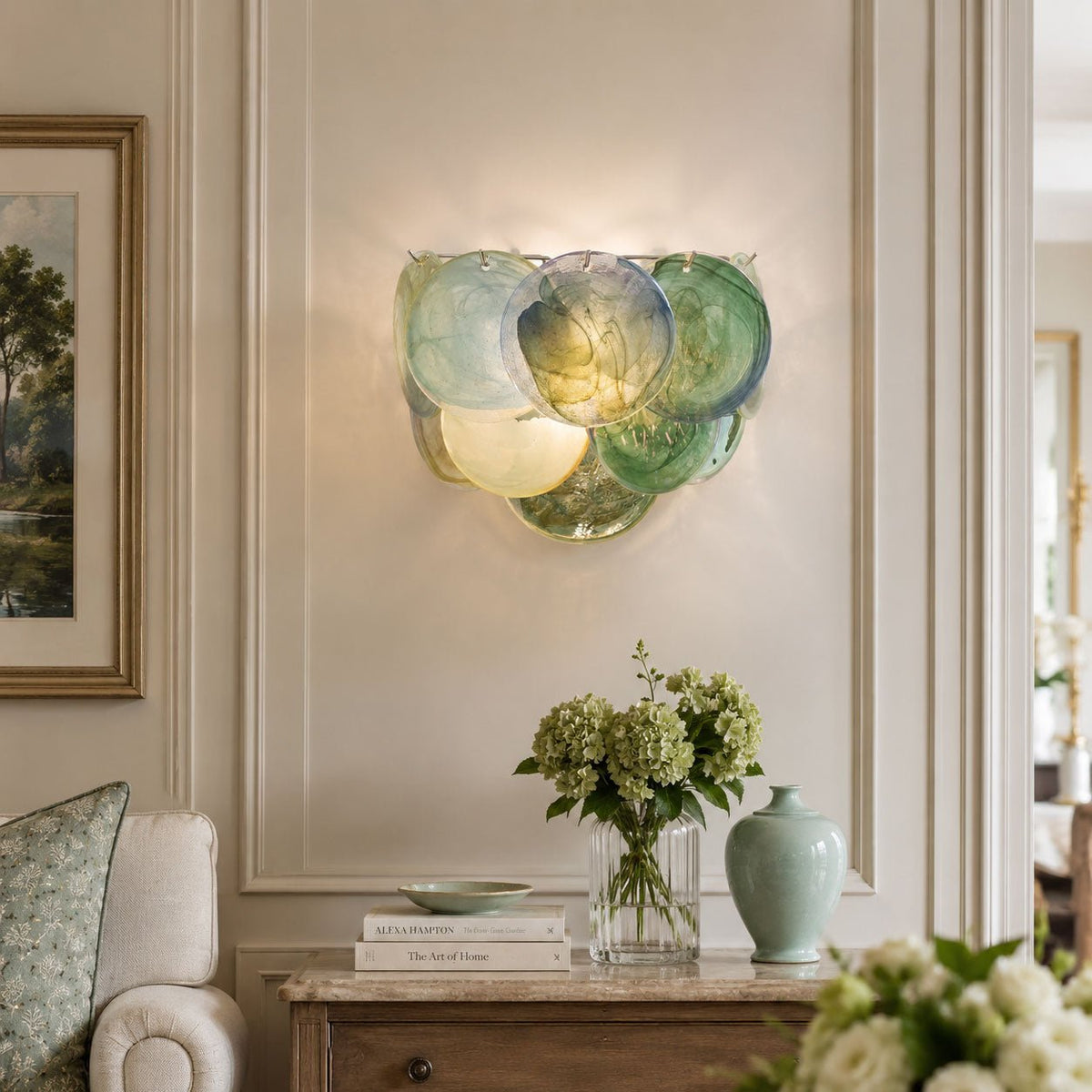 Discella Glass Disc Wall Lamp, Green lit over side table