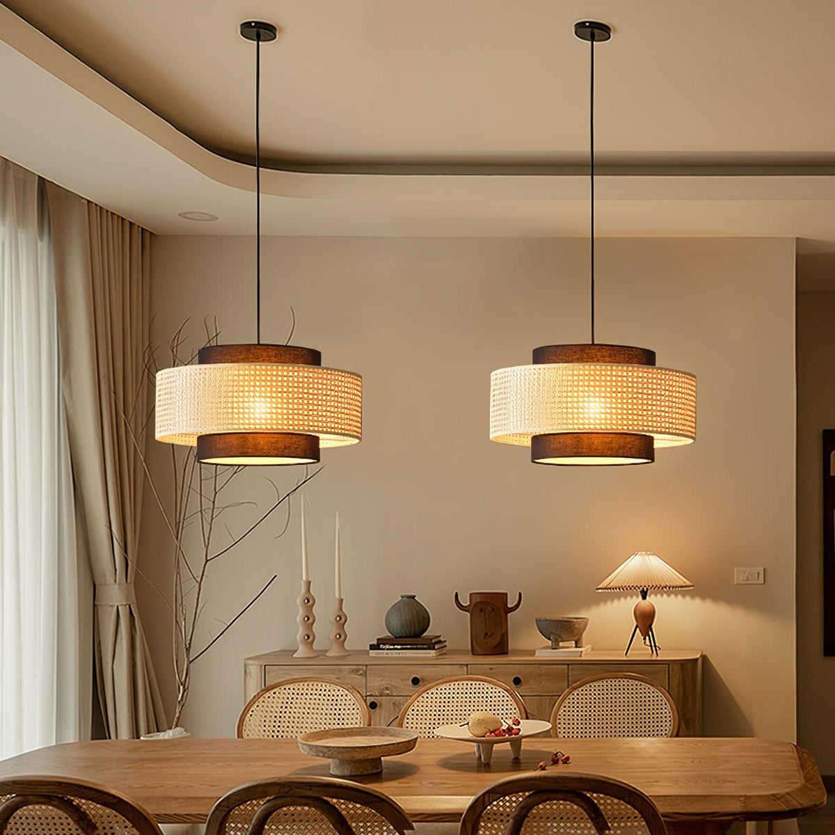 Drumelle Drum Shade Pendant Light, pair lit over dining table, warm room
