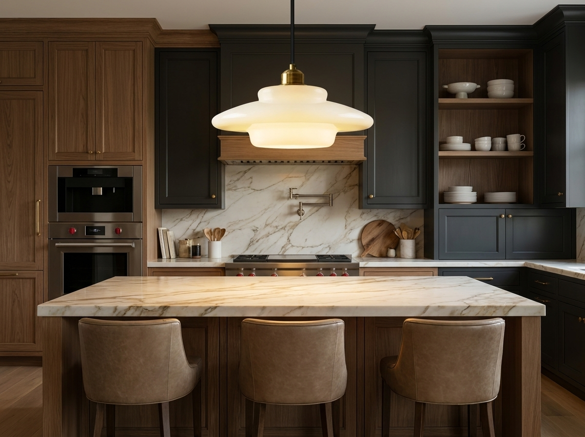 Elowen Mid Century Plug-in Milk White Glass Pendant Light in a styled room