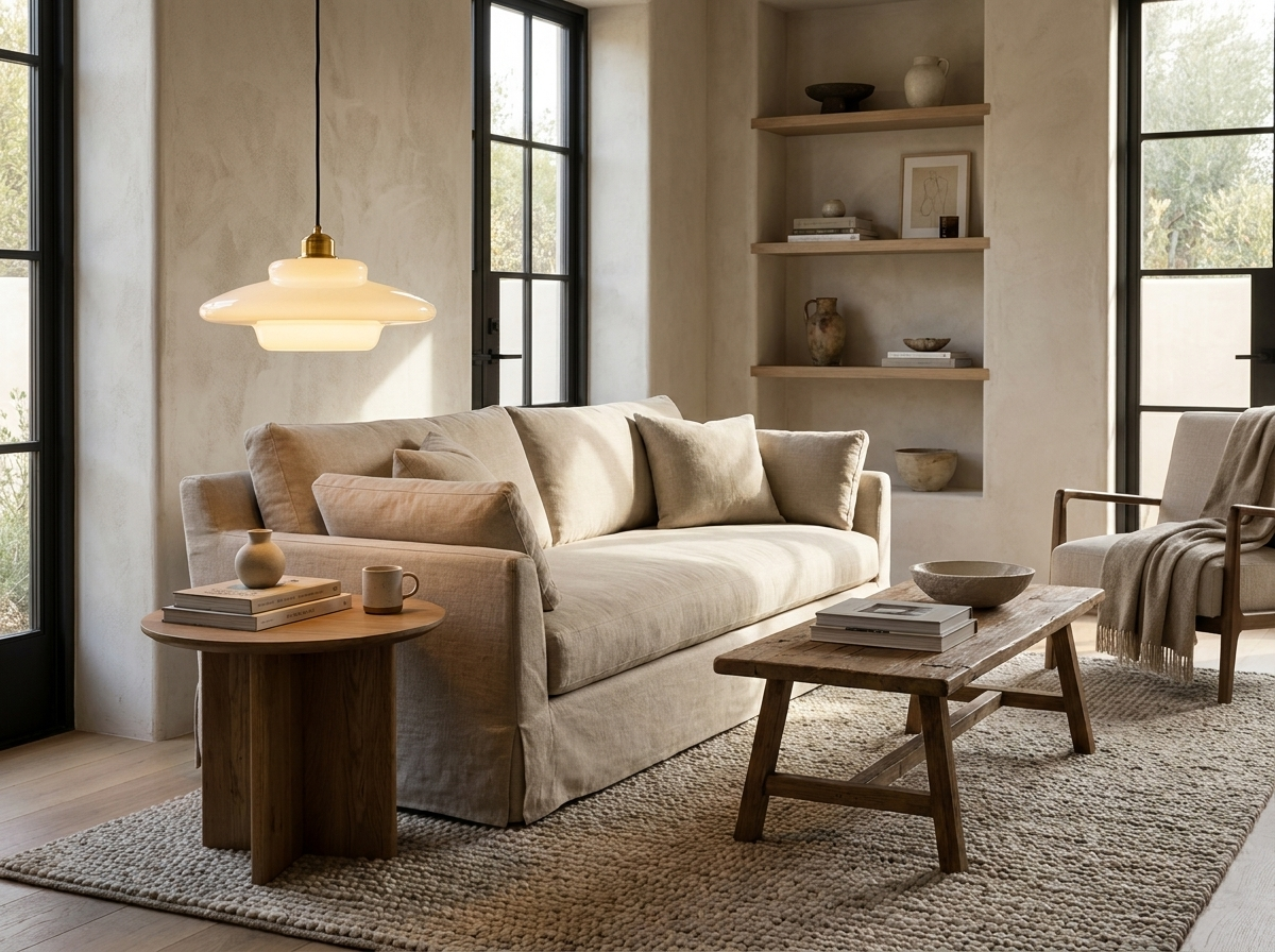 Elowen Mid Century Plug-in Milk White Glass Pendant Light in a styled room