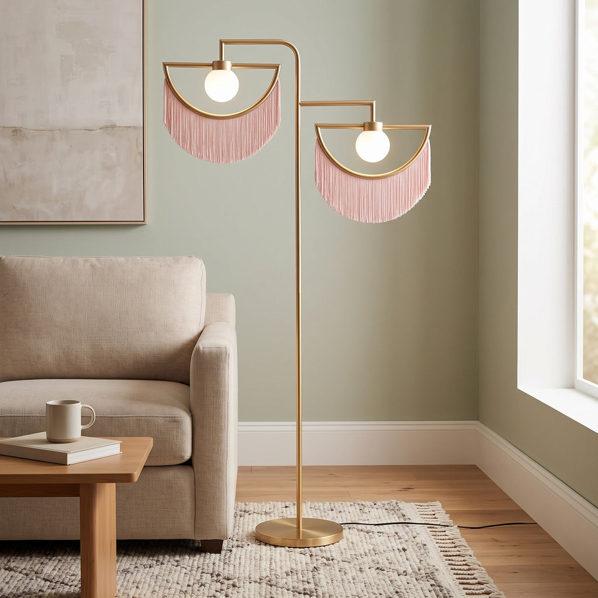 Elvara Floor Lamp in pink with two fringed half-ring shades and white globes on a gold stem, lit, beside a linen sofa in a living room