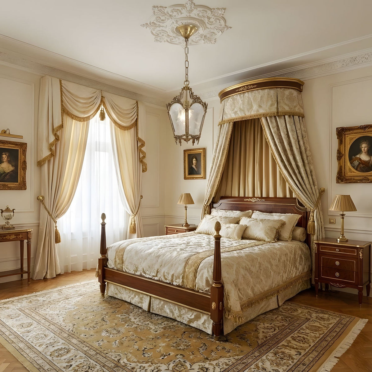 Emperia Pendant Light hanging above a canopy bed in a traditional bedroom