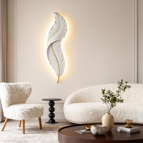Feather White Resin LED Wall Light in white, in a cream living room