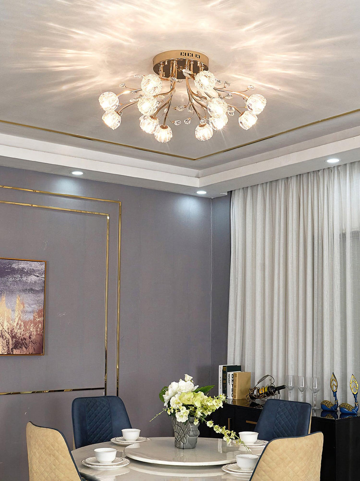 Florisse Crystal Flower Ceiling Light, 12/15-head lit over dining table