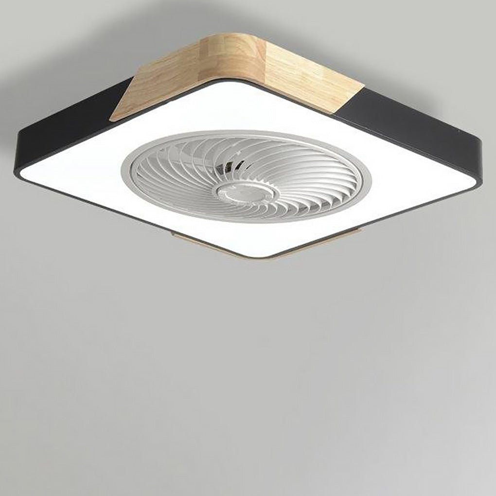 Square bladeless ceiling fan with light in black with wood-grain corners, light on, on a plain ceiling.