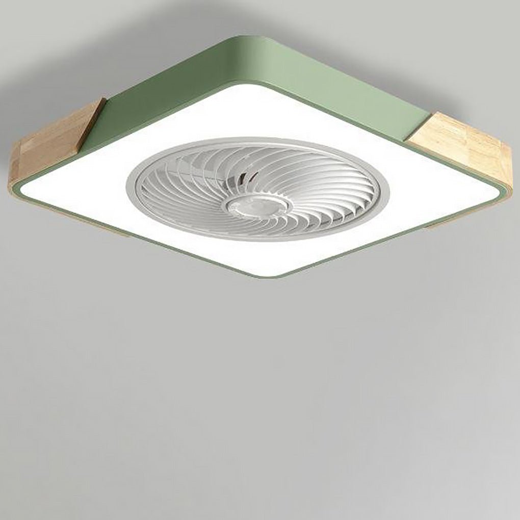 Square bladeless ceiling fan with light in green with wood-grain corners, light on, on a plain ceiling.