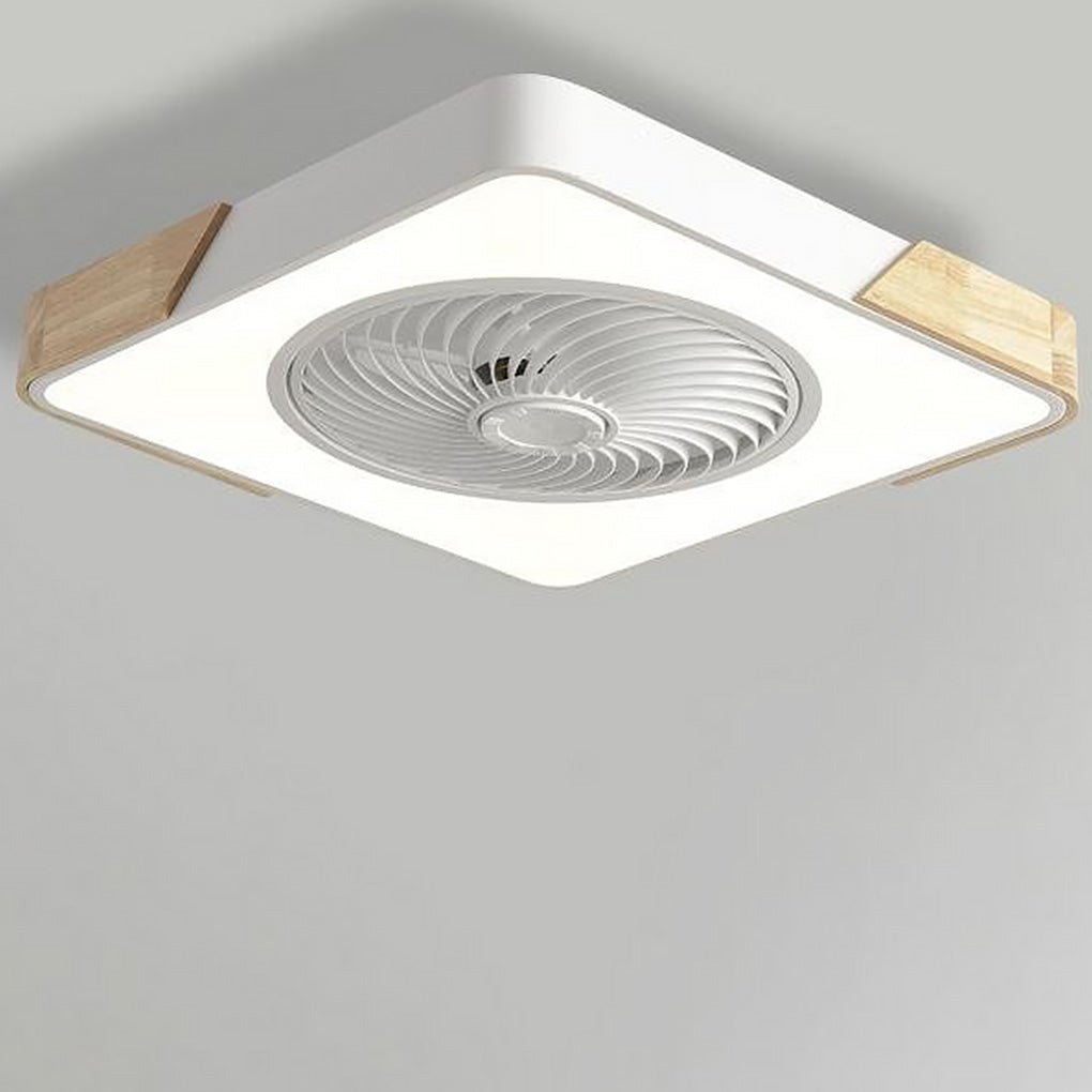 Square bladeless ceiling fan with light in white with wood-grain corners, light on, on a plain ceiling.