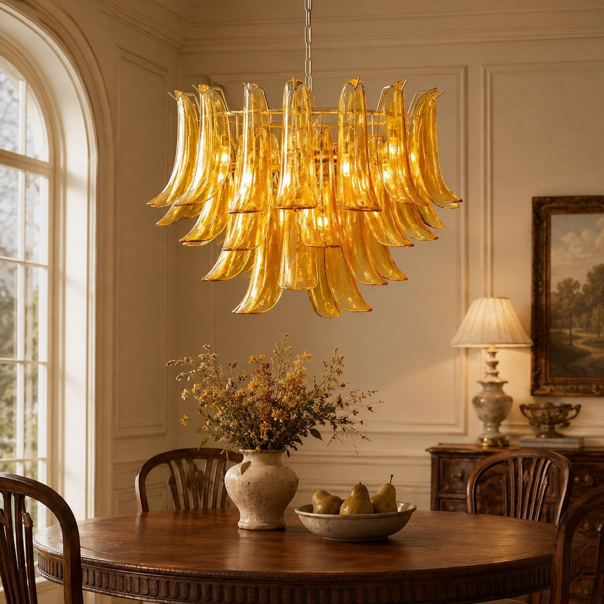 Folhane Glass Leaf Chandelier, amber chandelier over round dining table, composited scene