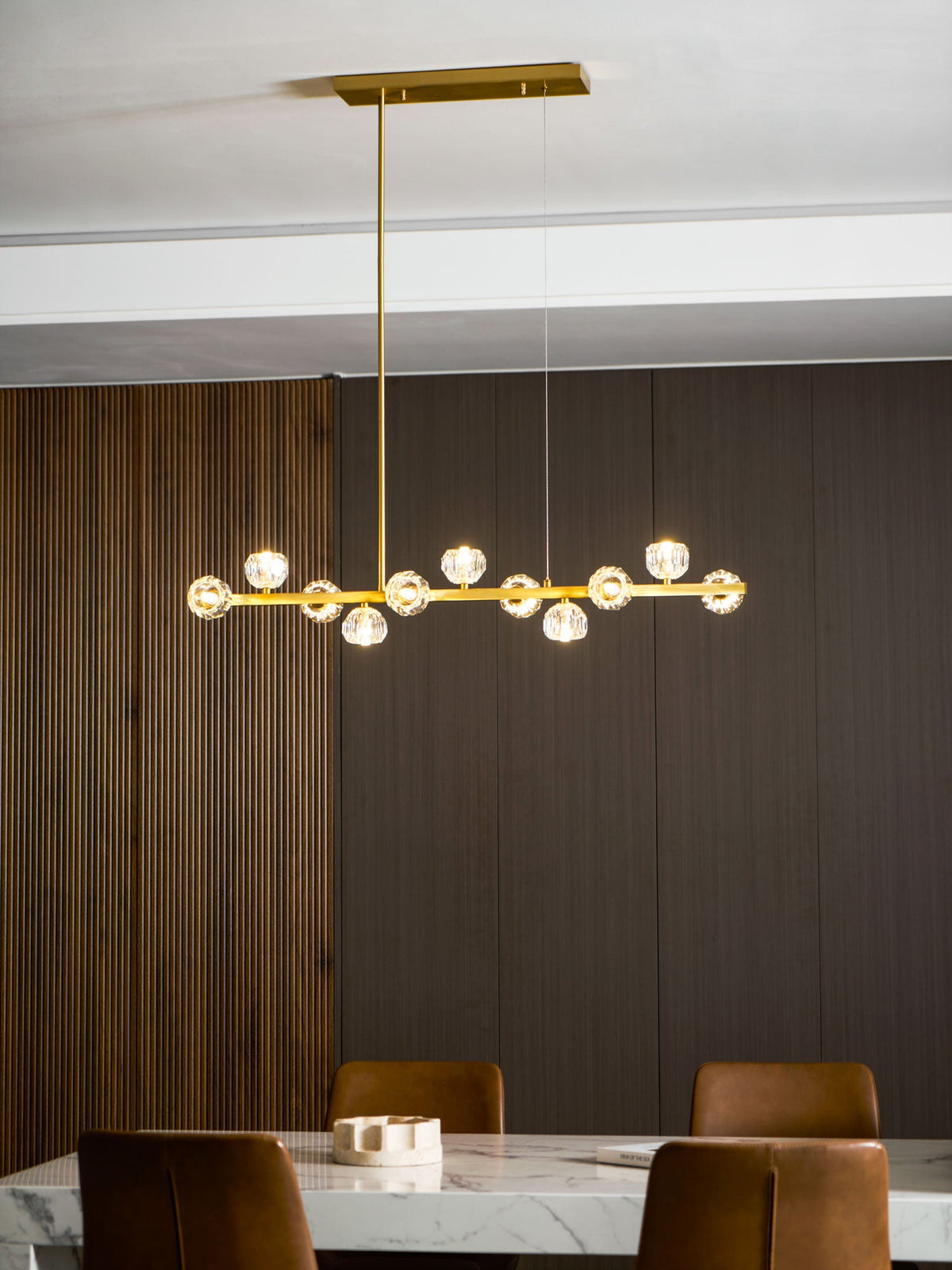 Globrelle Crystal Glass Ball Chandelier, long canopy lit over dining table