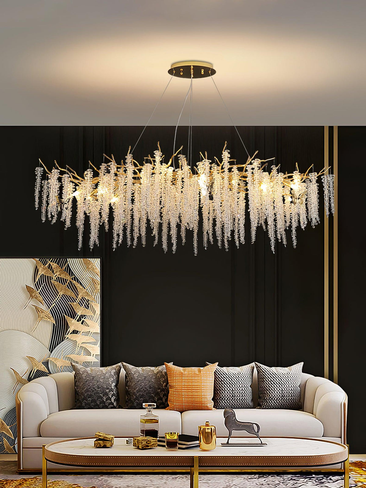 Glycienne Crystal Flower Chandelier, linear unit over sofa, dark living room