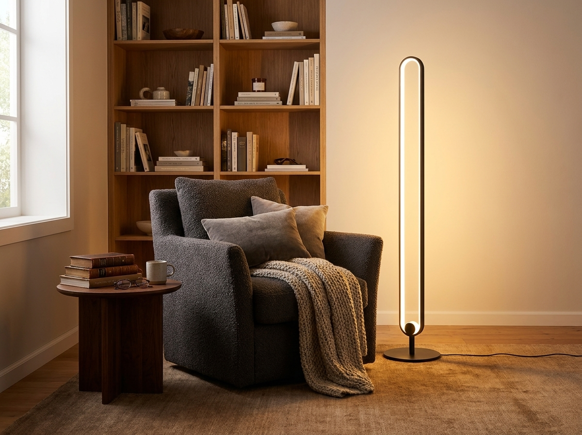 Haloform Modern Minimalist LED Standing Oval Floor Lamp in a styled room
