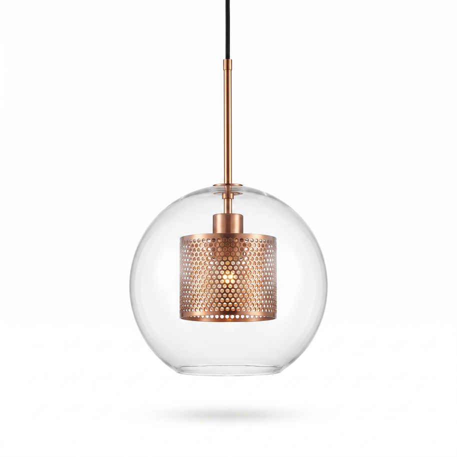 Comvilo Chiswick Glass Pendant Light: clear glass sphere with copper perforated inner drum, front studio view on white