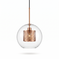 Comvilo Chiswick Glass Pendant Light: clear glass sphere with copper perforated inner drum, front studio view on white