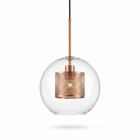 Comvilo Chiswick Glass Pendant Light: clear glass sphere with copper perforated inner drum, front studio view on white