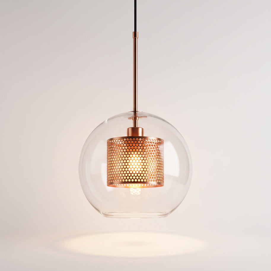 Comvilo Chiswick Glass Pendant Light illuminated, warm glow through the perforated copper drum