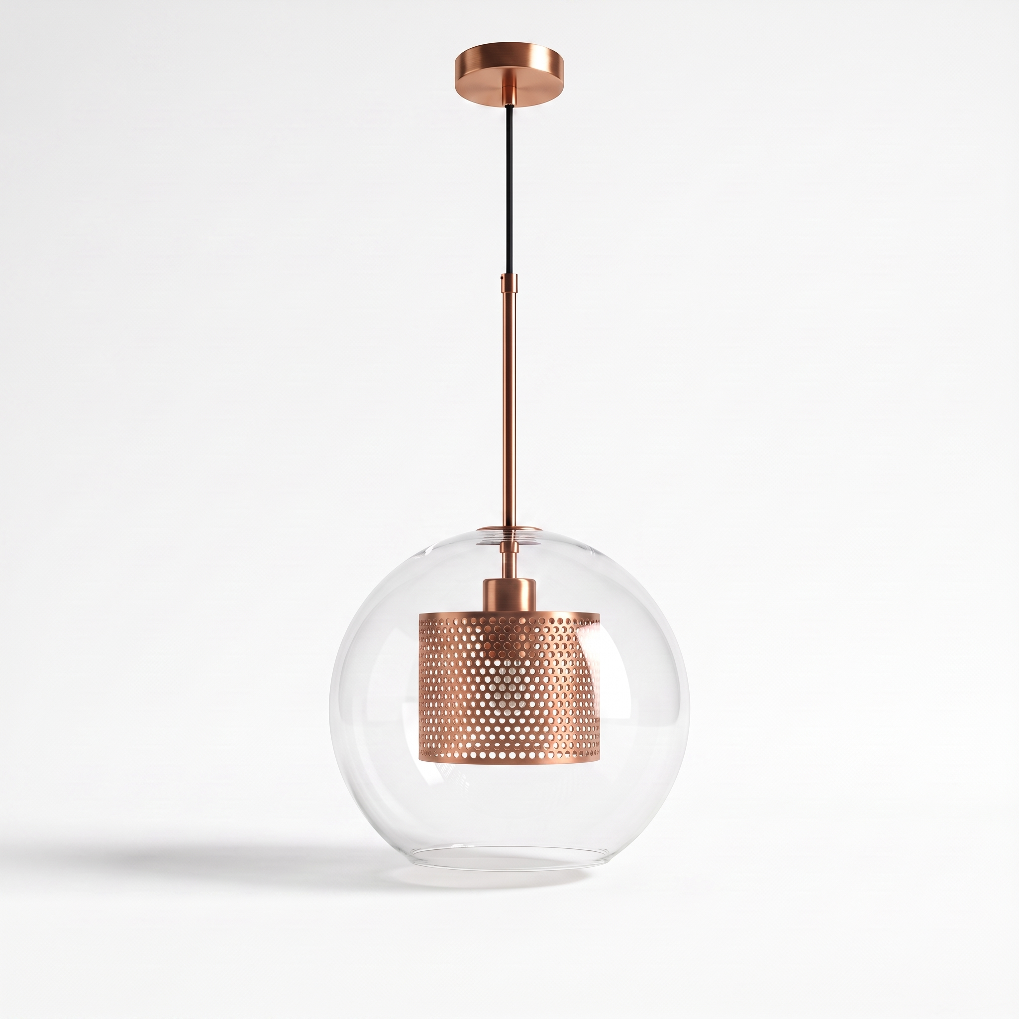Comvilo Chiswick Glass Pendant Light: three-quarter studio view showing copper canopy, cord and glass sphere