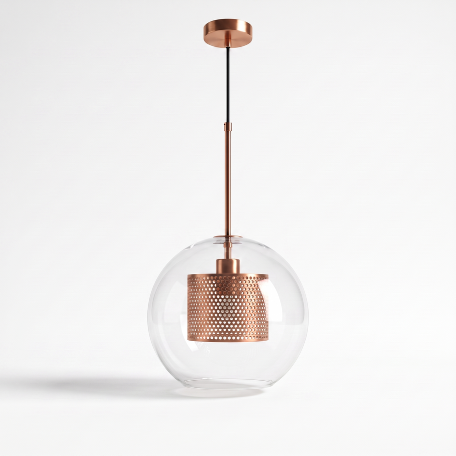 Comvilo Chiswick Glass Pendant Light: three-quarter studio view showing copper canopy, cord and glass sphere
