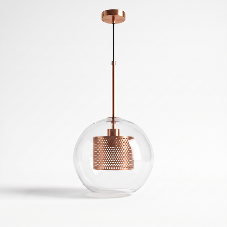 Comvilo Chiswick Glass Pendant Light: three-quarter studio view showing copper canopy, cord and glass sphere