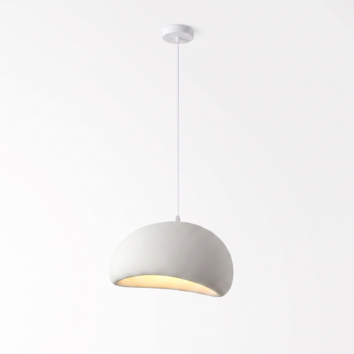 Complete suspended fixture showing white ceiling canopy, hanging wire and cloud shade