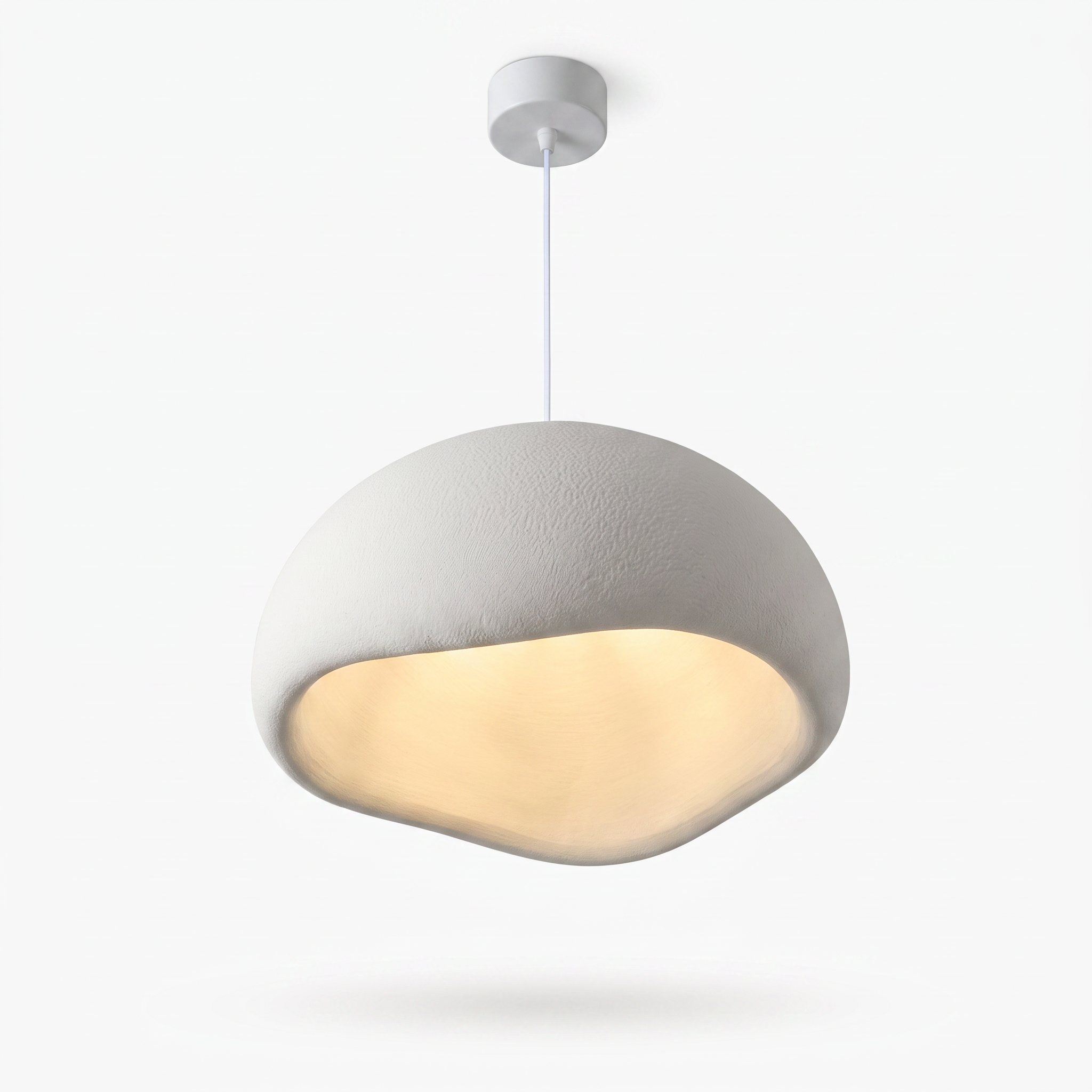 Nuvola Sculptural Cloud Pendant Light: white cloud-form shade with white canopy and hanging wire, studio view