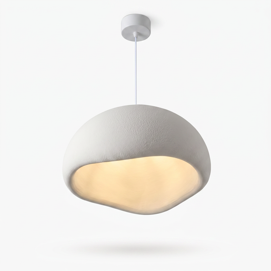 Nuvola Sculptural Cloud Pendant Light: white cloud-form shade with white canopy and hanging wire, studio view