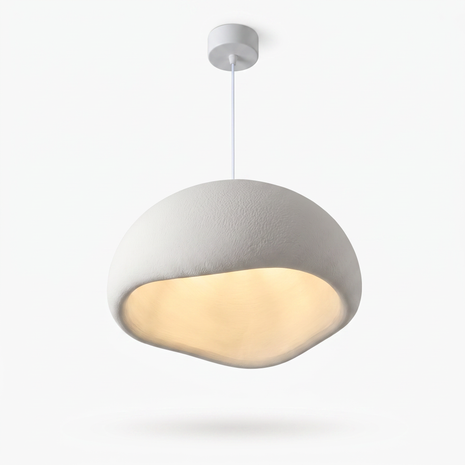 Nuvola Sculptural Cloud Pendant Light: white cloud-form shade with white canopy and hanging wire, studio view