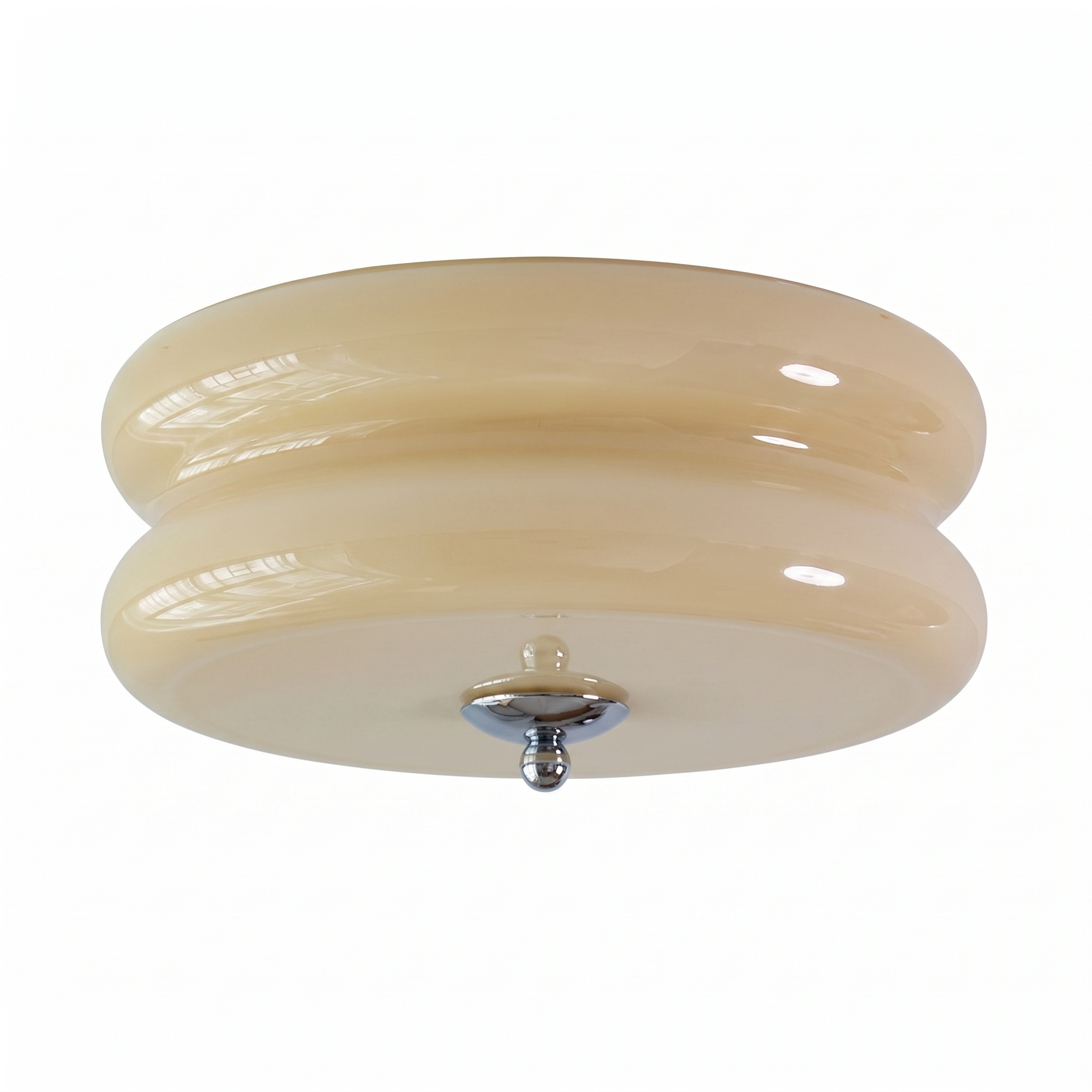Marais Ribbed Glass Ceiling Light: cream-beige two-tier flush mount with chrome finial, studio view on white