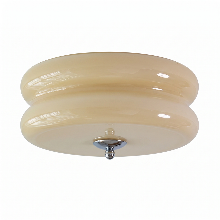 Marais Ribbed Glass Ceiling Light: cream-beige two-tier flush mount with chrome finial, studio view on white