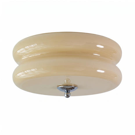 Marais Ribbed Glass Ceiling Light: cream-beige two-tier flush mount with chrome finial, studio view on white