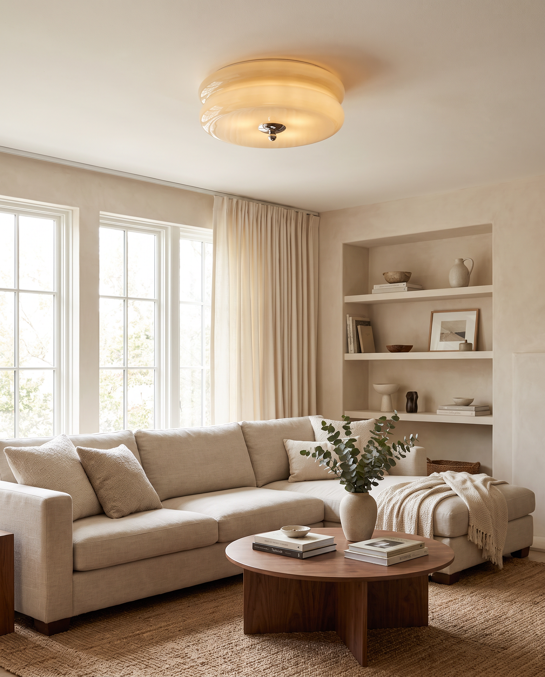 Marais ceiling light in a bright living room with built-in shelves