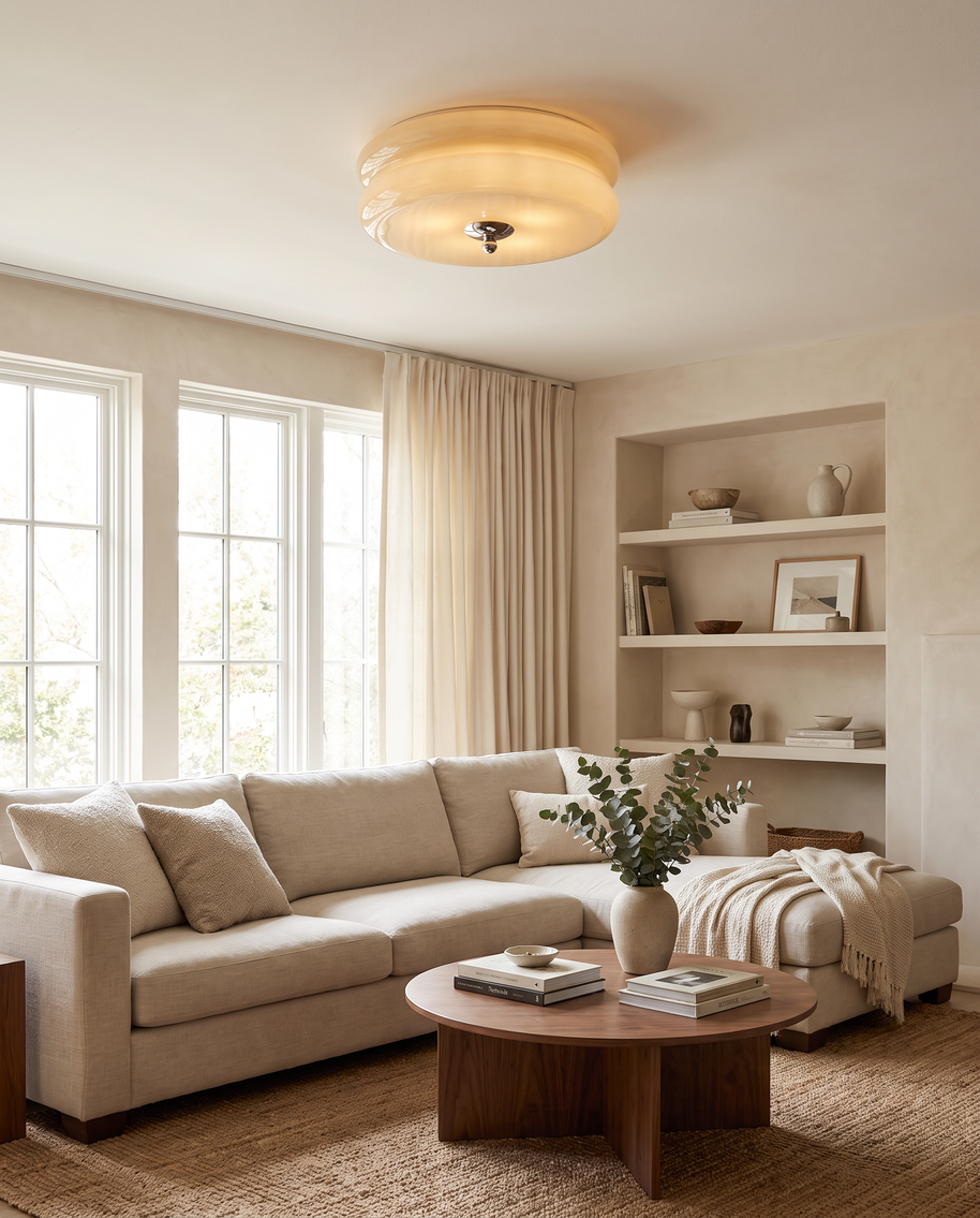 Marais ceiling light in a bright living room with built-in shelves