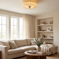 Marais ceiling light in a bright living room with built-in shelves