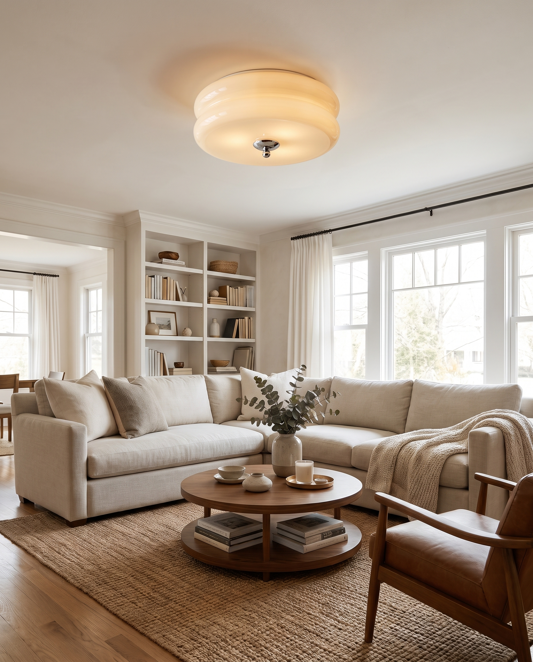 Wide room view of the Marais ceiling light in a neutral living room