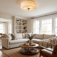 Wide room view of the Marais ceiling light in a neutral living room