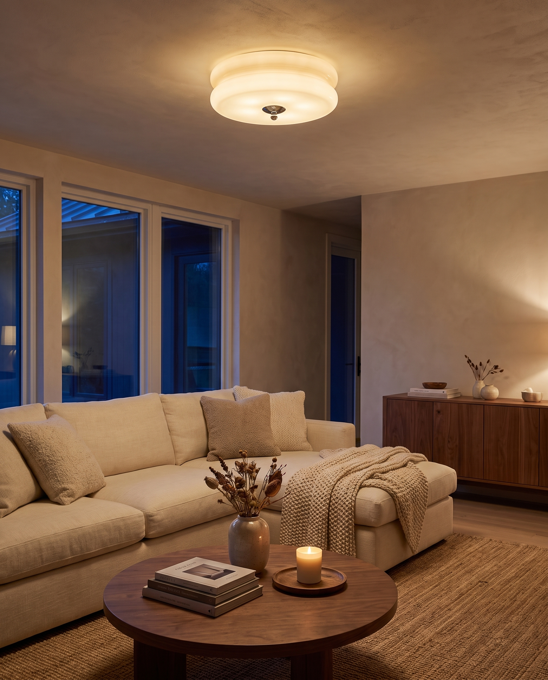 Marais ceiling light glowing warm in a living room at dusk