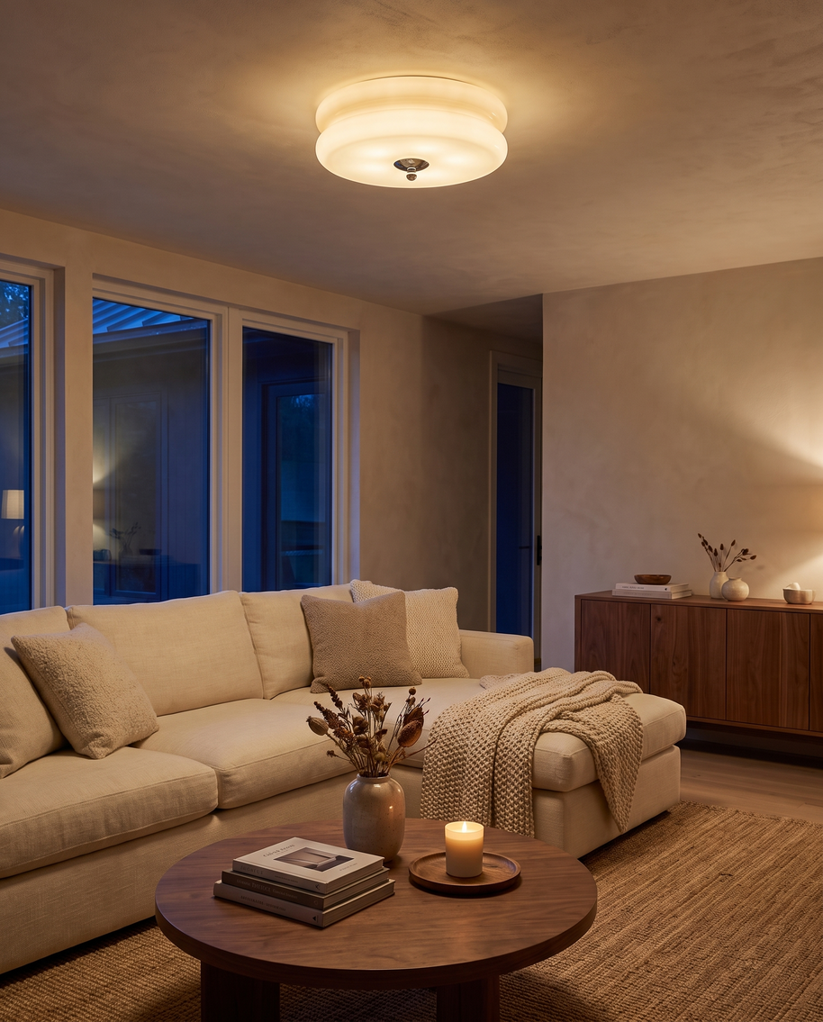 Marais ceiling light glowing warm in a living room at dusk