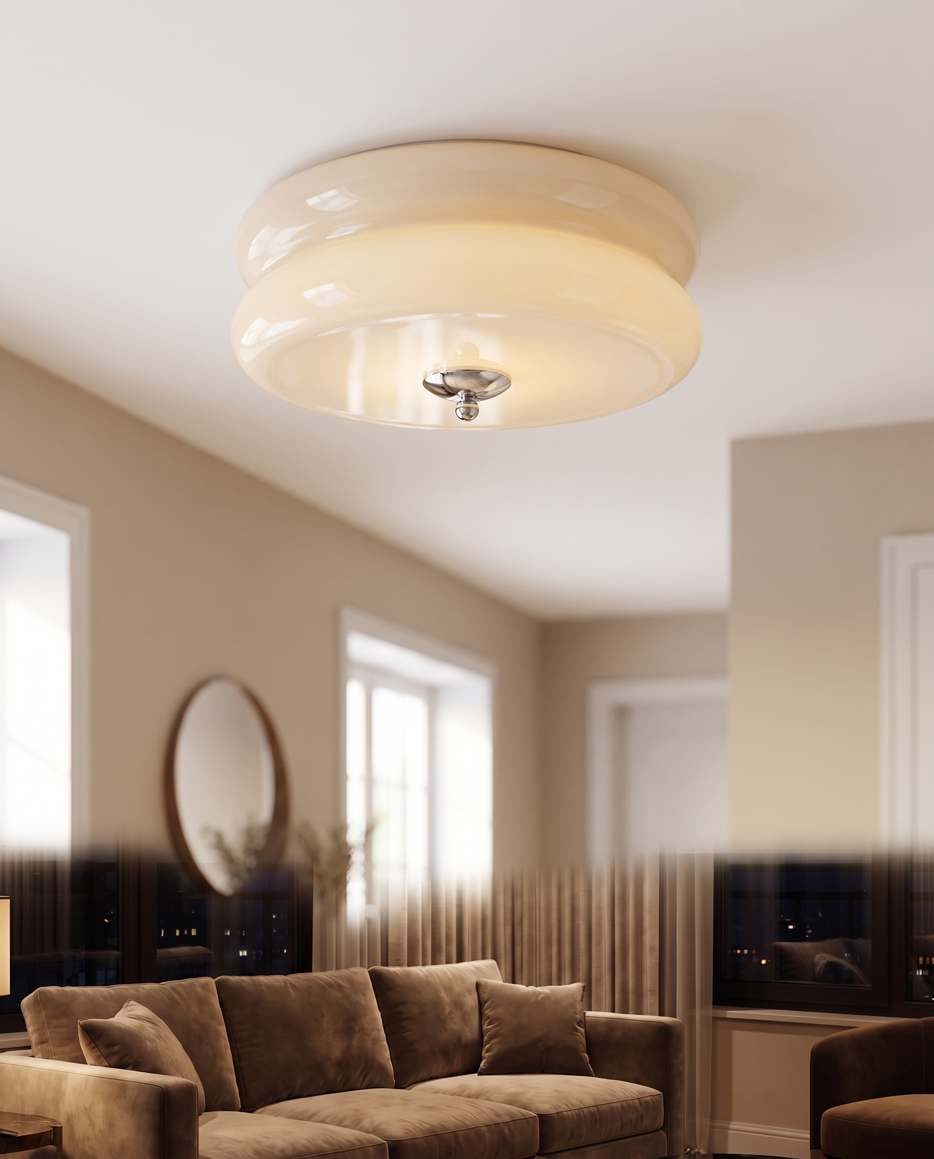 Marais ceiling light at believable scale in an entry with console and mirror