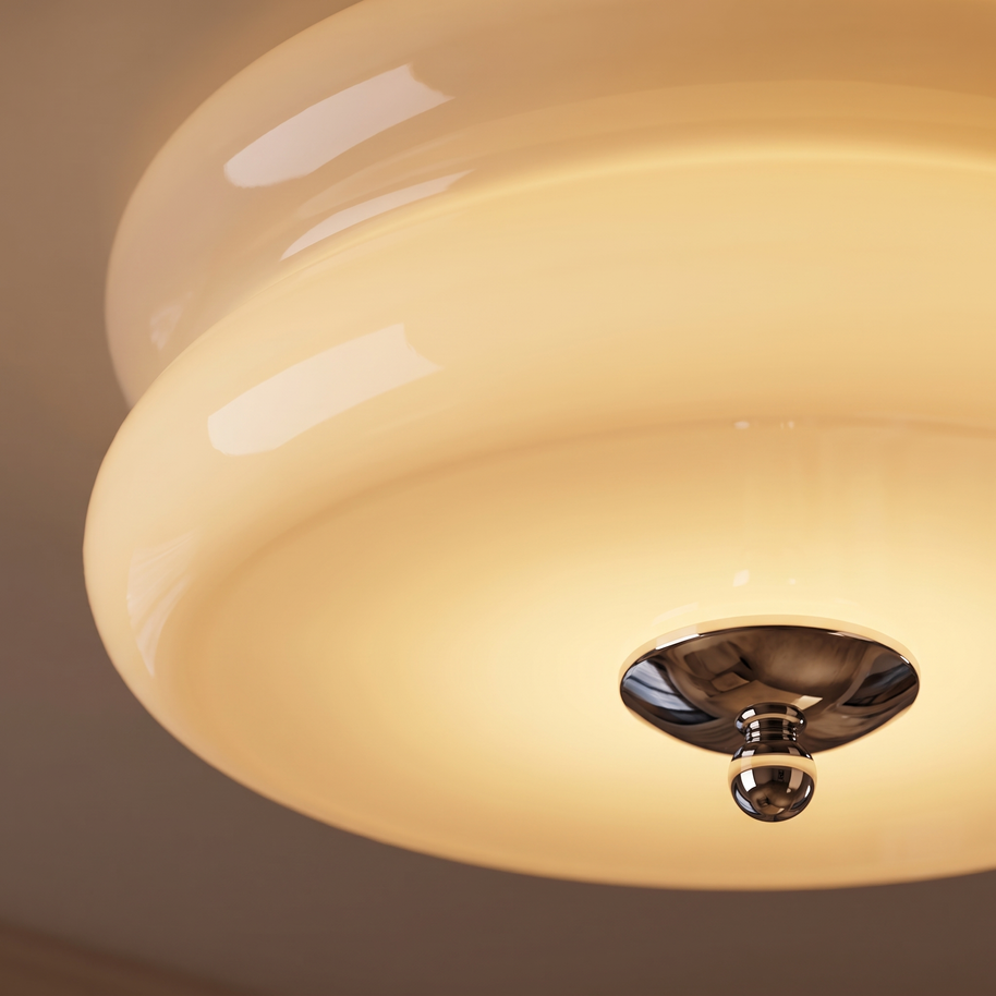 Macro detail of the opaline glass tiers and polished chrome finial