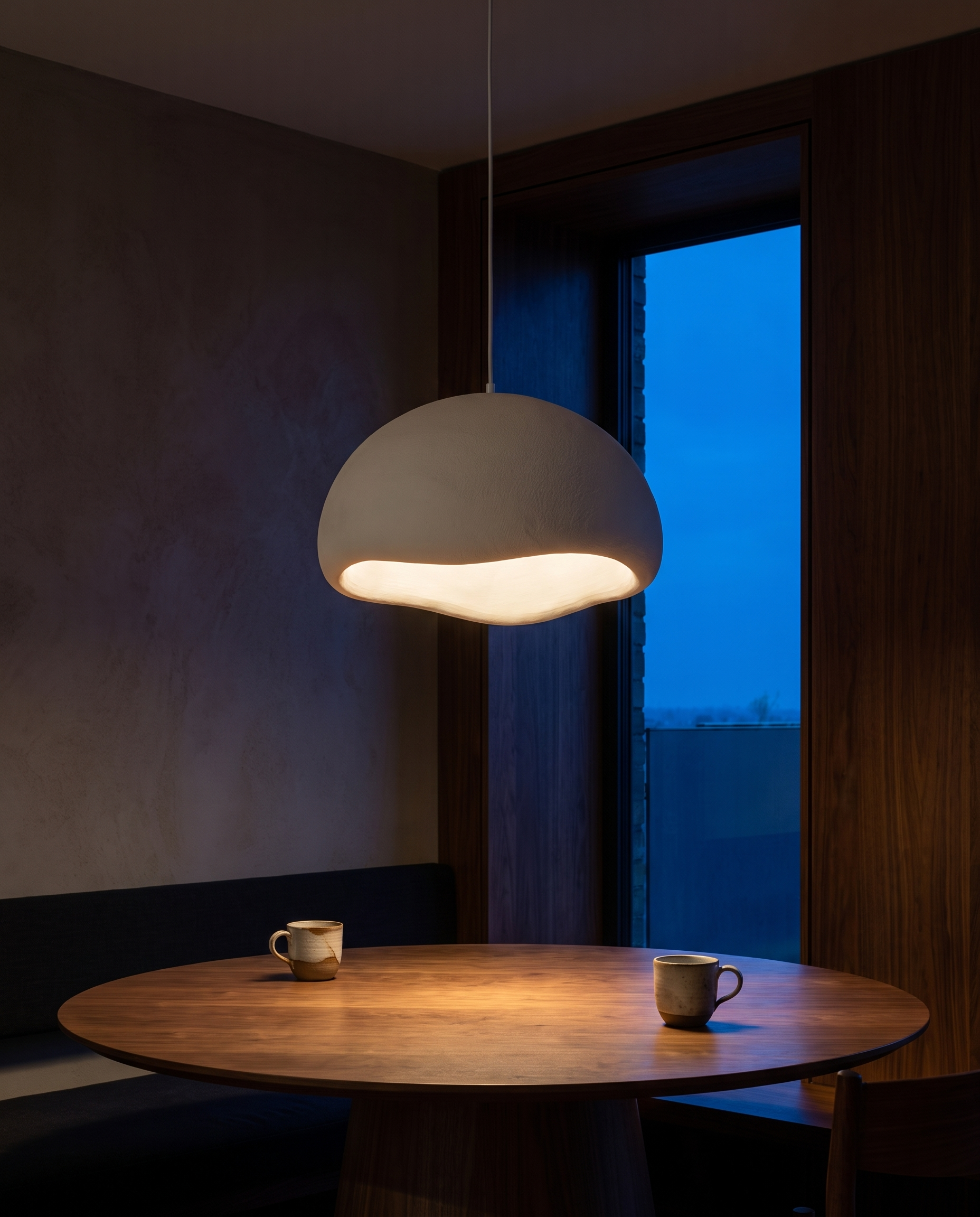 Nuvola cloud pendant glowing warm over a round walnut table at night